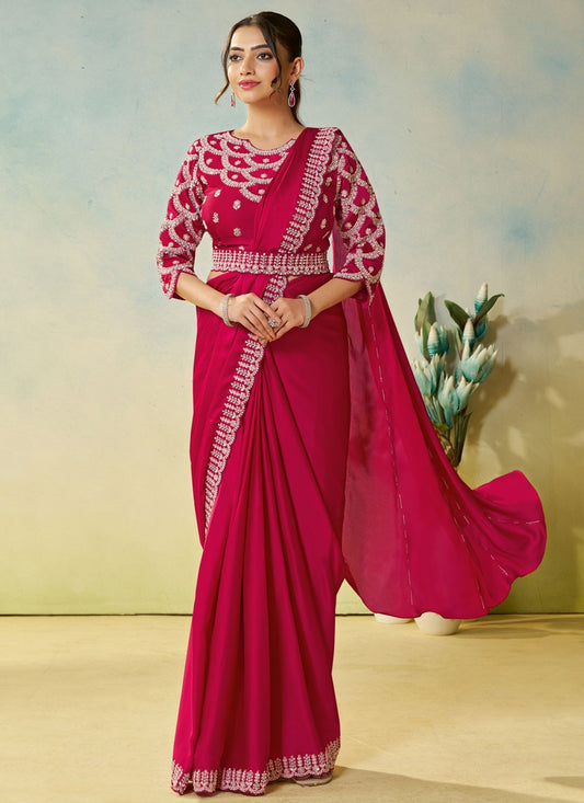 Hot Pink Satin Silk Classic Saree Embroidered, Sequins S19906