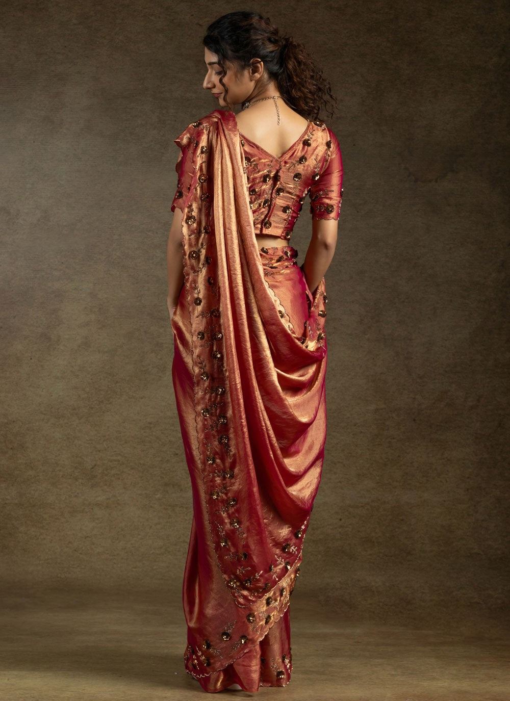 Sequins Satin Silk Hot Pink Saree S14823
