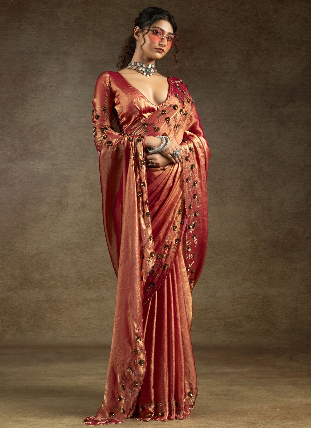 Sequins Satin Silk Hot Pink Saree S14823