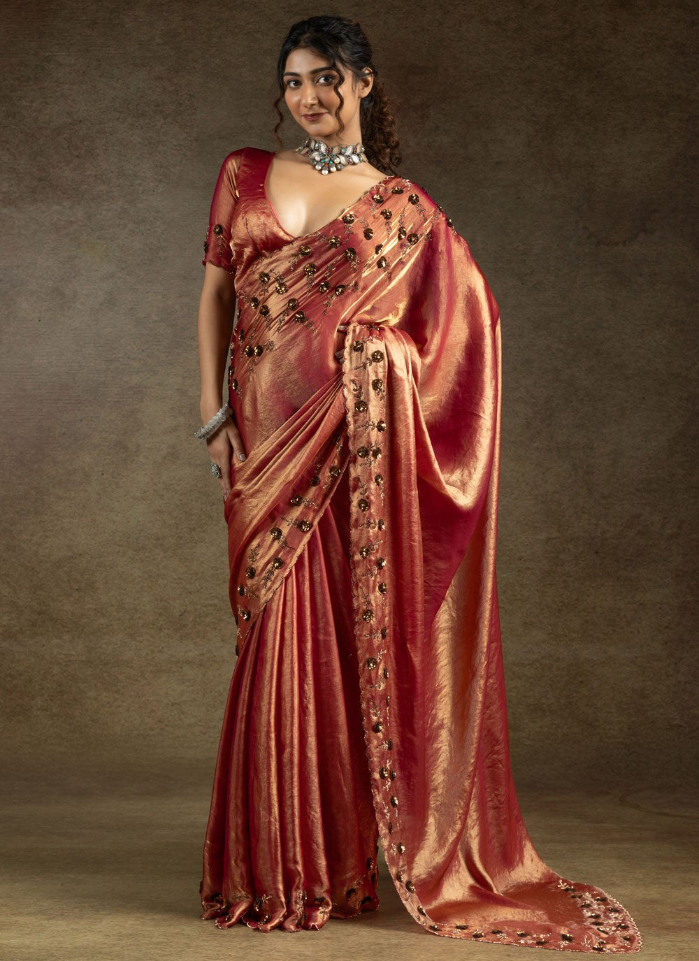 Sequins Satin Silk Hot Pink Saree S14823