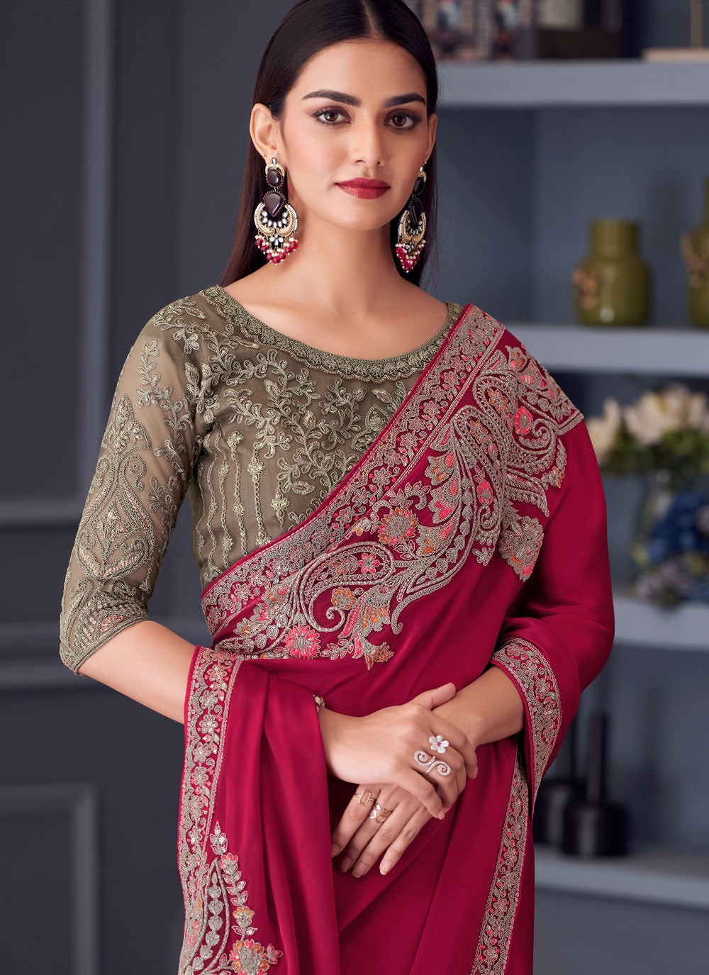 Embroidered Satin Silk Hot Pink Saree S14590