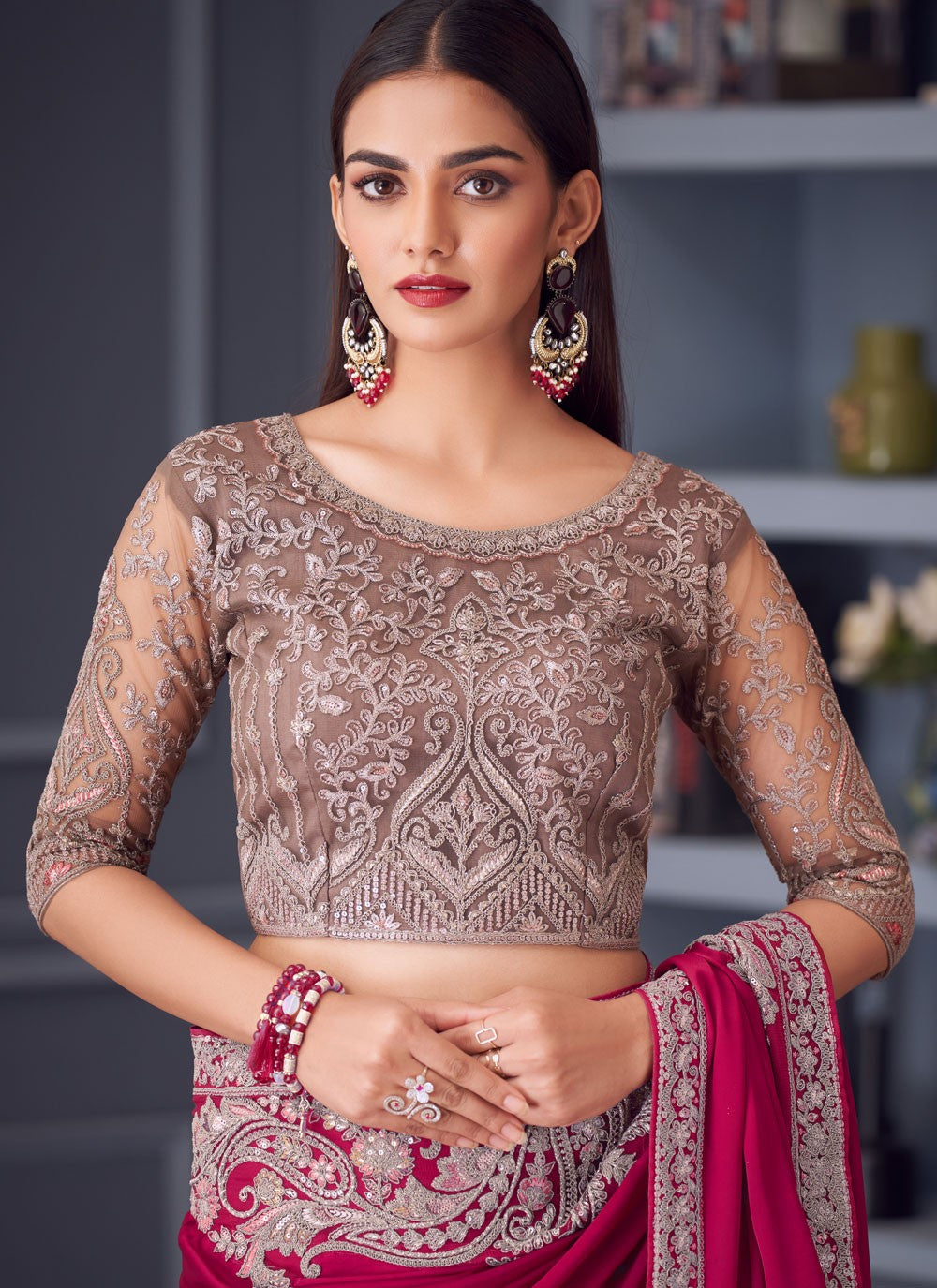 Embroidered Satin Silk Hot Pink Saree S14590