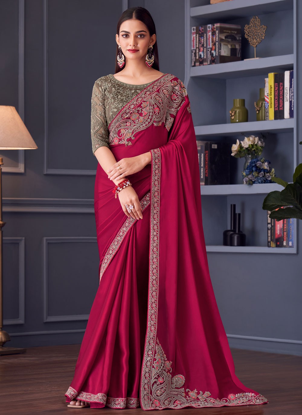 Embroidered Satin Silk Hot Pink Saree S14590