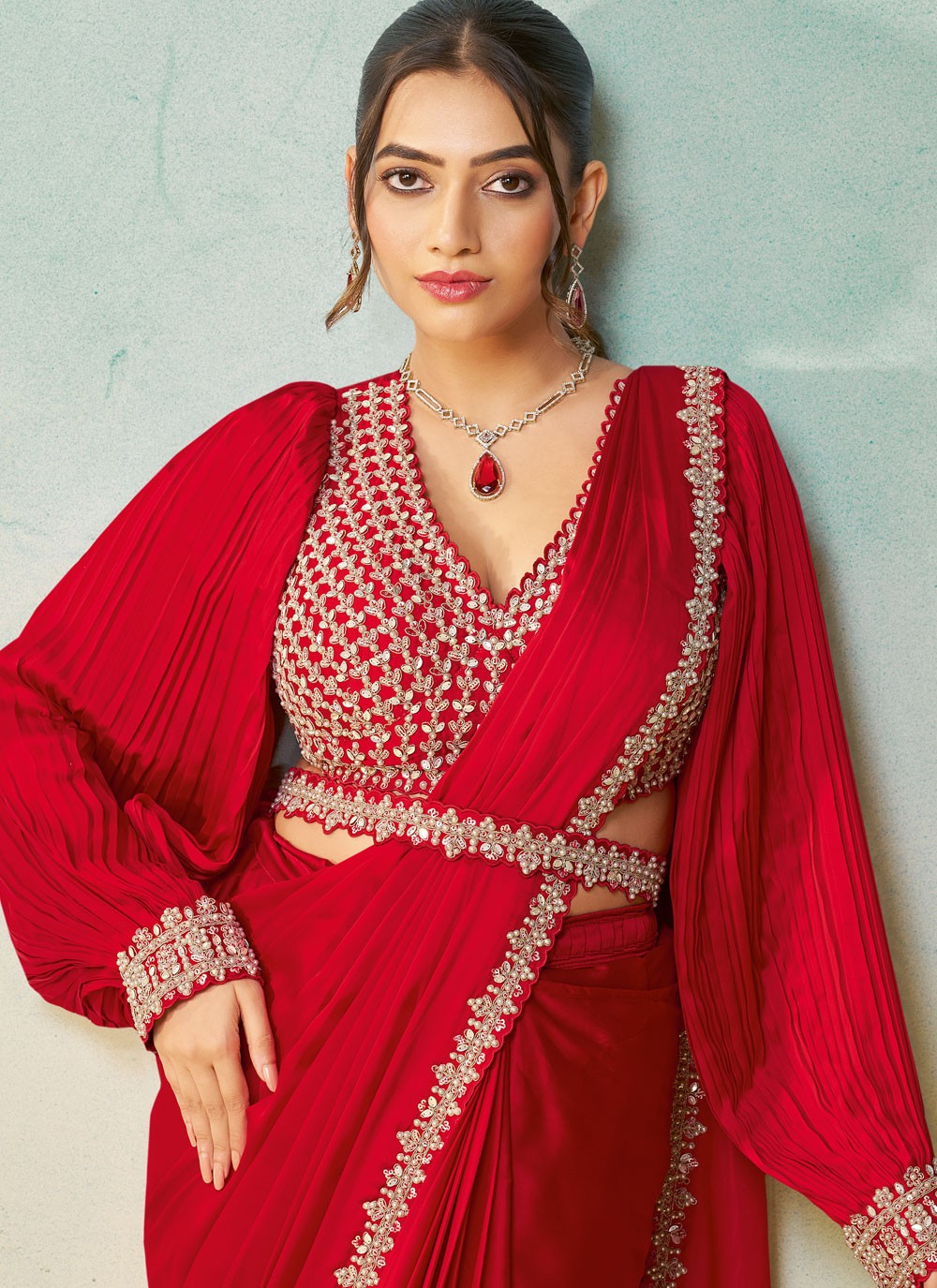 Red Satin Silk Contemporary Saree Embroidered, Sequins S19898