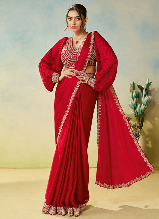 Red Satin Silk Contemporary Saree Embroidered, Sequins S19898
