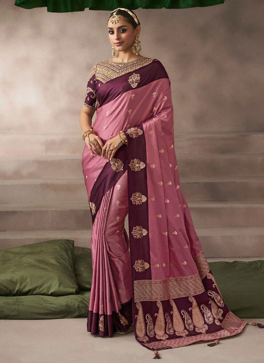 Pink Satin Silk Classic Saree Weaving Zari, Zari S19208