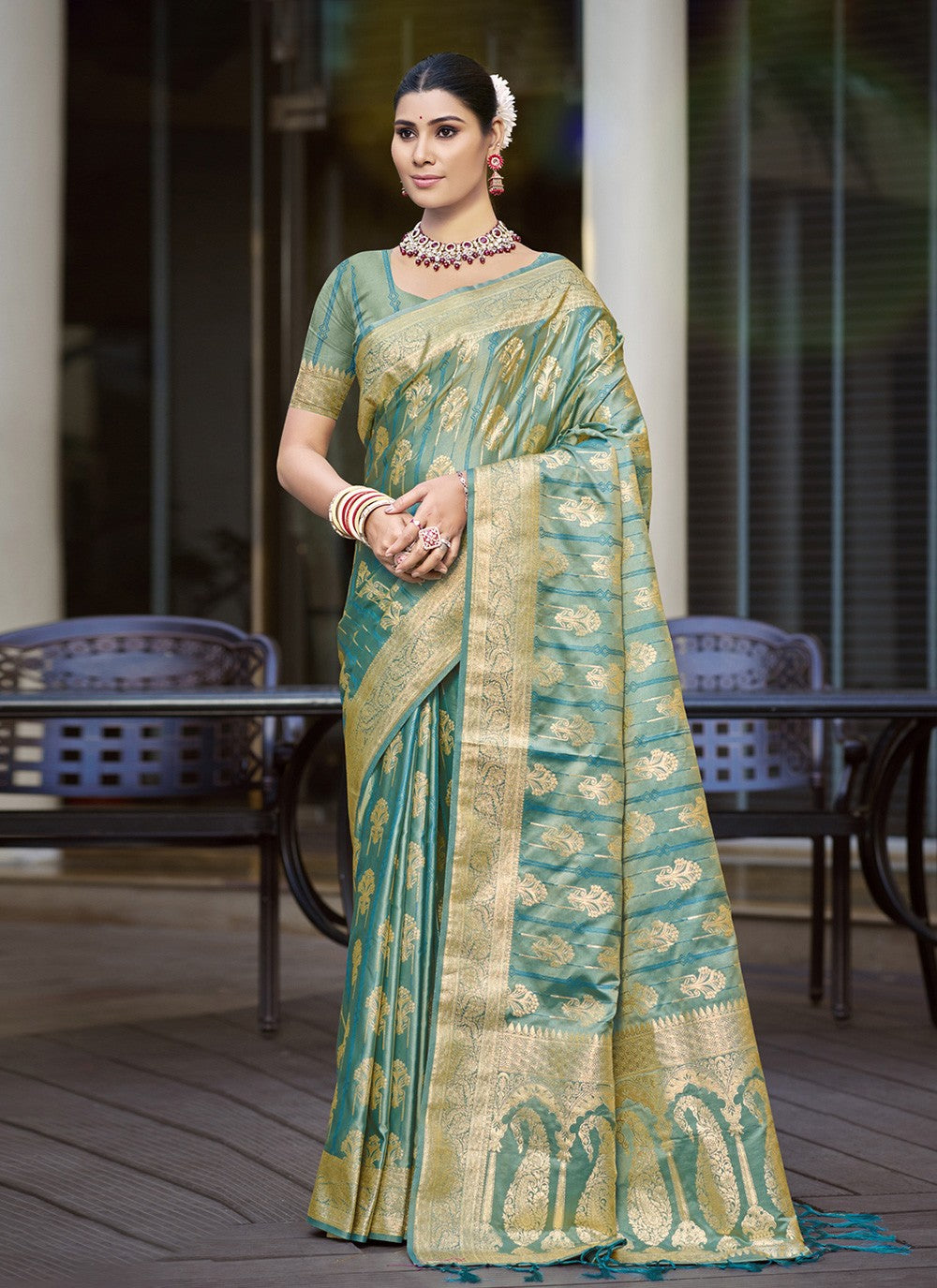 Classic Saree Weaving Zari Sea Green Satin Silk S12720