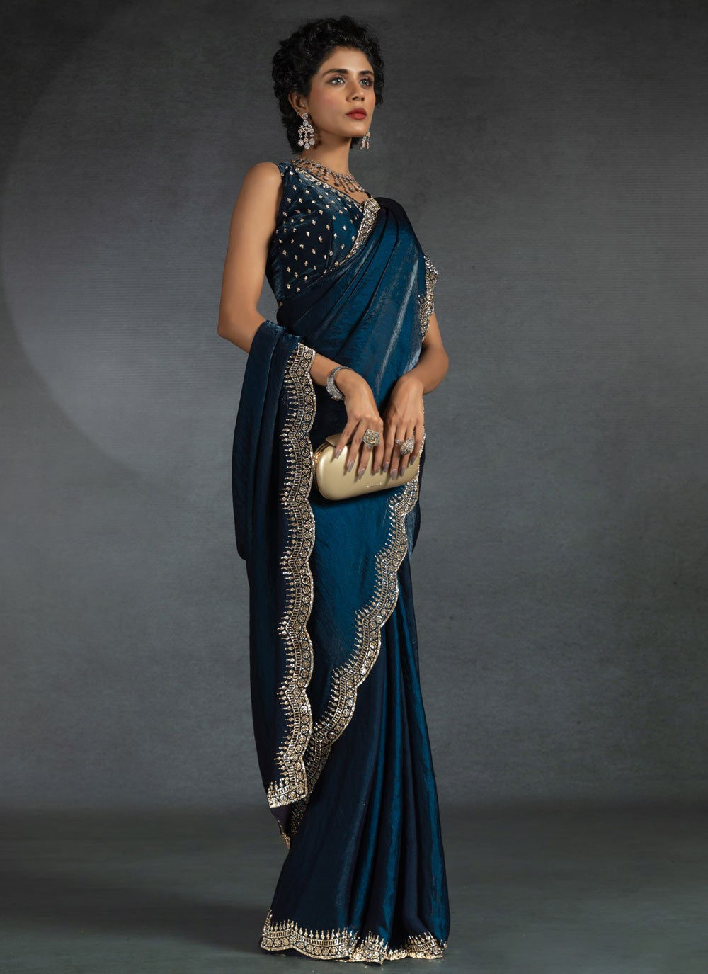 Border Work Satin Silk Morpeach Contemporary Saree S14976