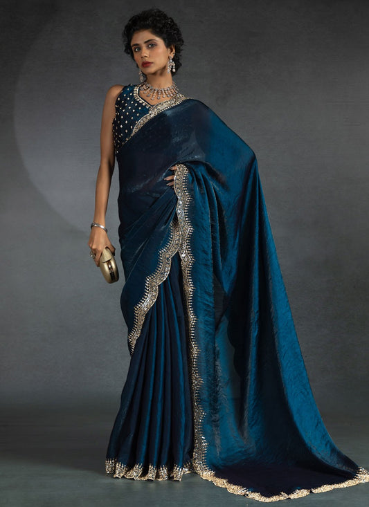 Border Work Satin Silk Morpeach Contemporary Saree S14976