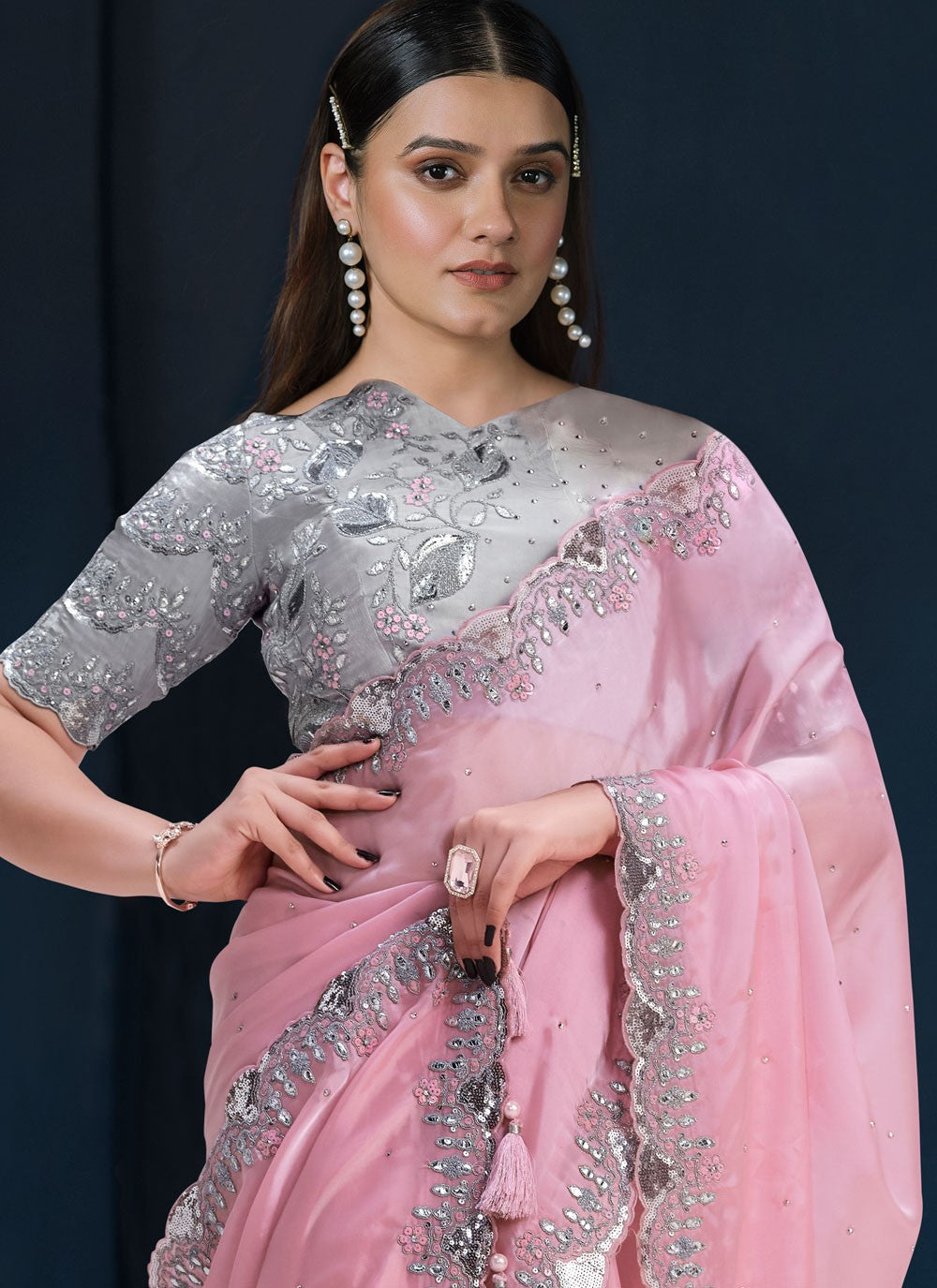 Trendy Sequins Satin Silk Saree - S9163