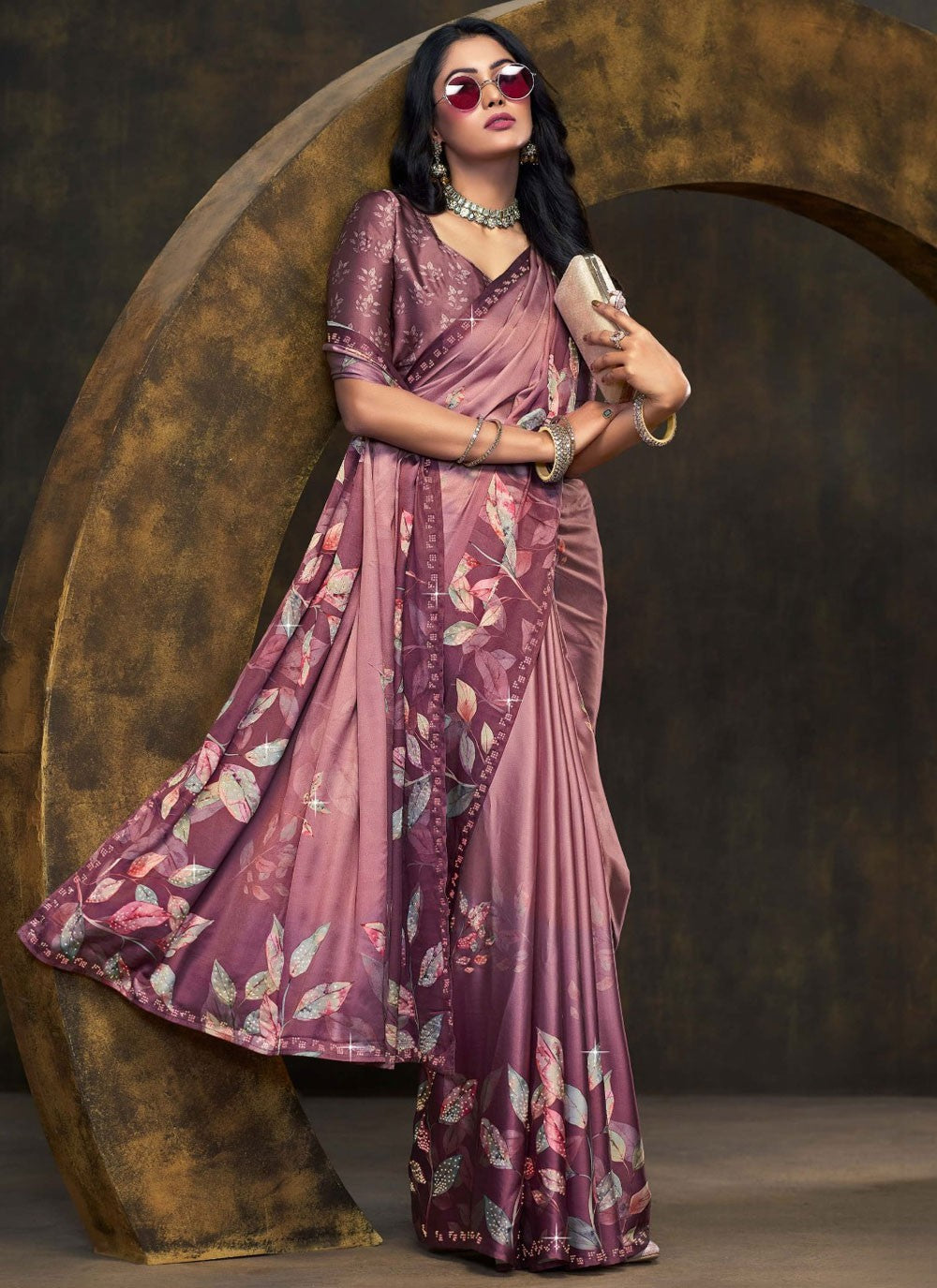 Contemporary Digital Print Purple Satin Silk Saree S13242