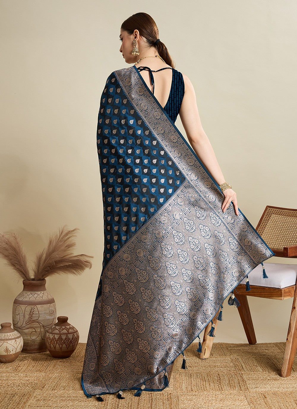 Teal Satin Silk Contemporary Saree Woven S16827