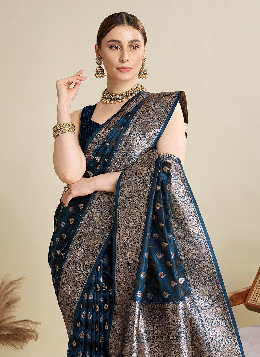 Teal Satin Silk Contemporary Saree Woven S16827