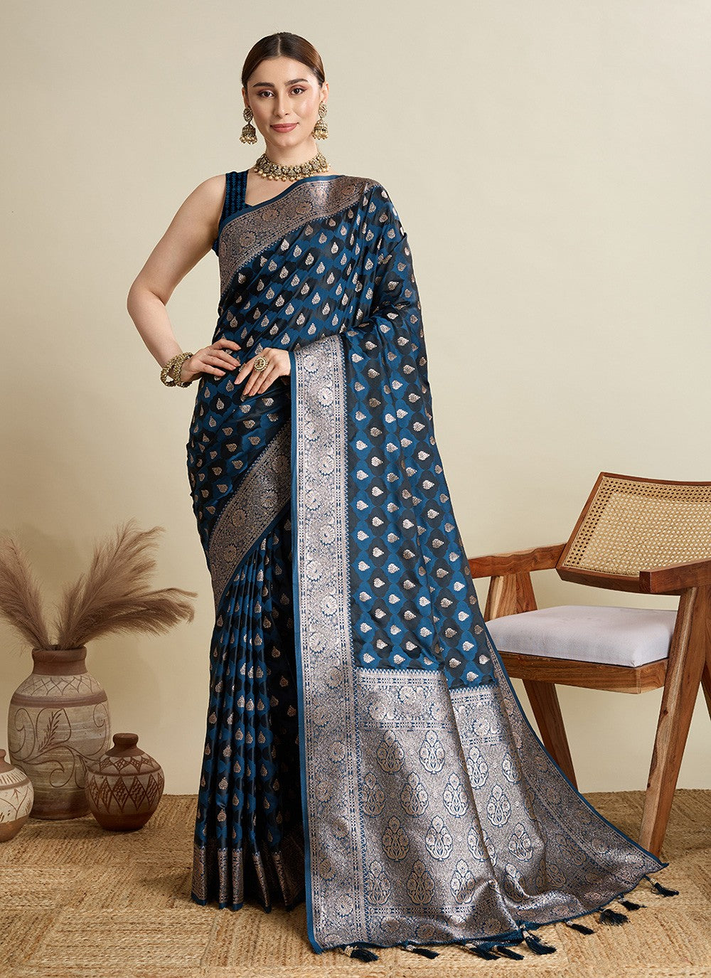 Teal Satin Silk Contemporary Saree Woven S16827