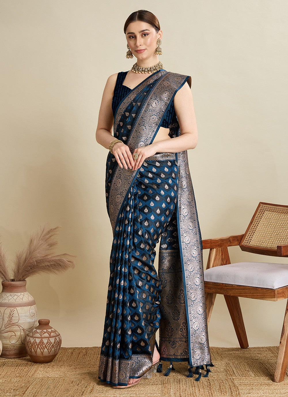 Teal Satin Silk Contemporary Saree Woven S16827