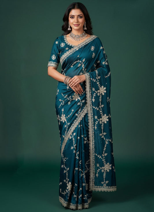 Teal Satin Silk Contemporary Saree Aari Work, Swarovski, Zari S20264