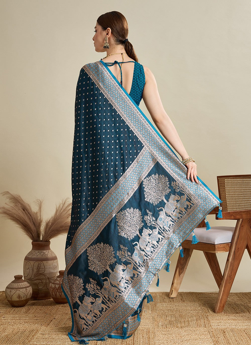 Teal Satin Silk Contemporary Saree Woven, Zari S16979