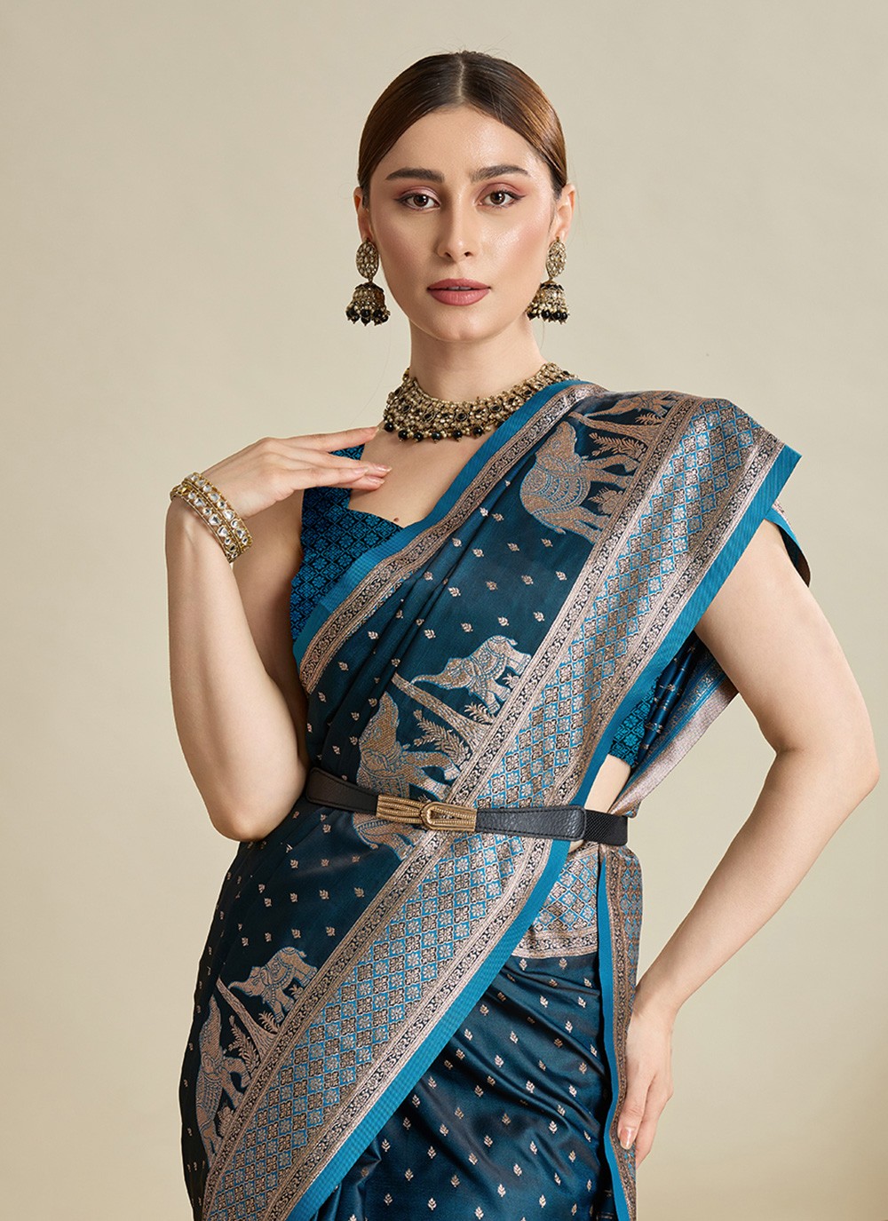 Teal Satin Silk Contemporary Saree Woven, Zari S16979