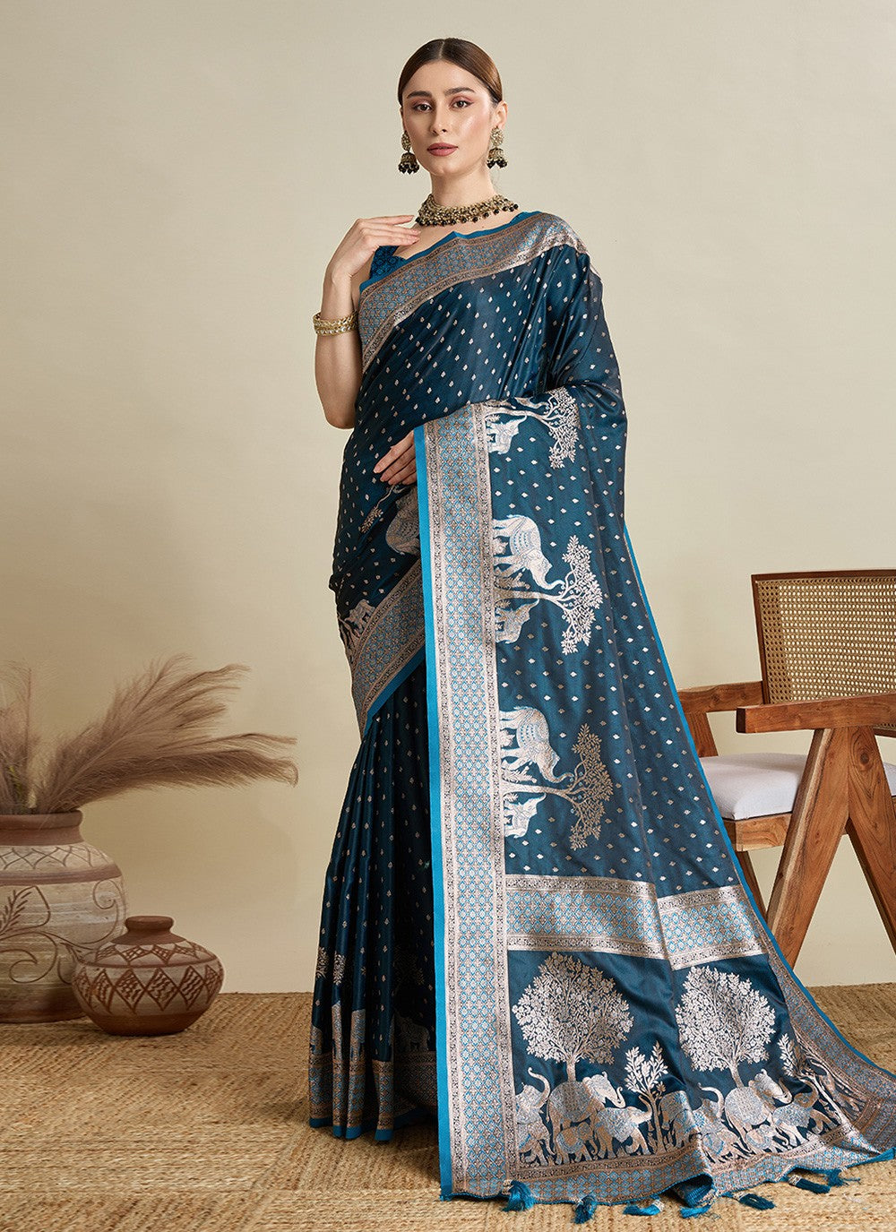 Teal Satin Silk Contemporary Saree Woven, Zari S16979