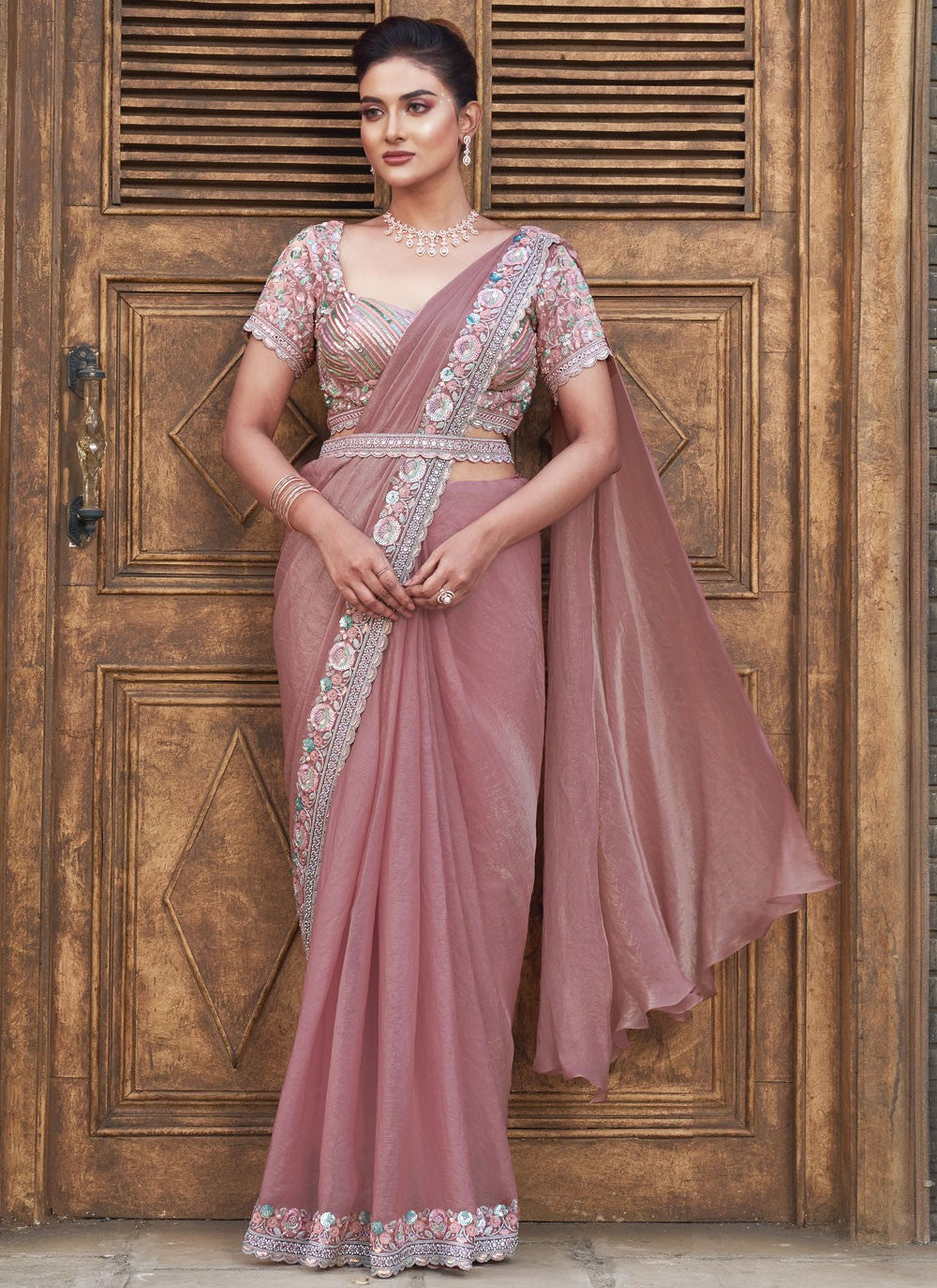 Embroidered Satin Silk Pink Saree S14527