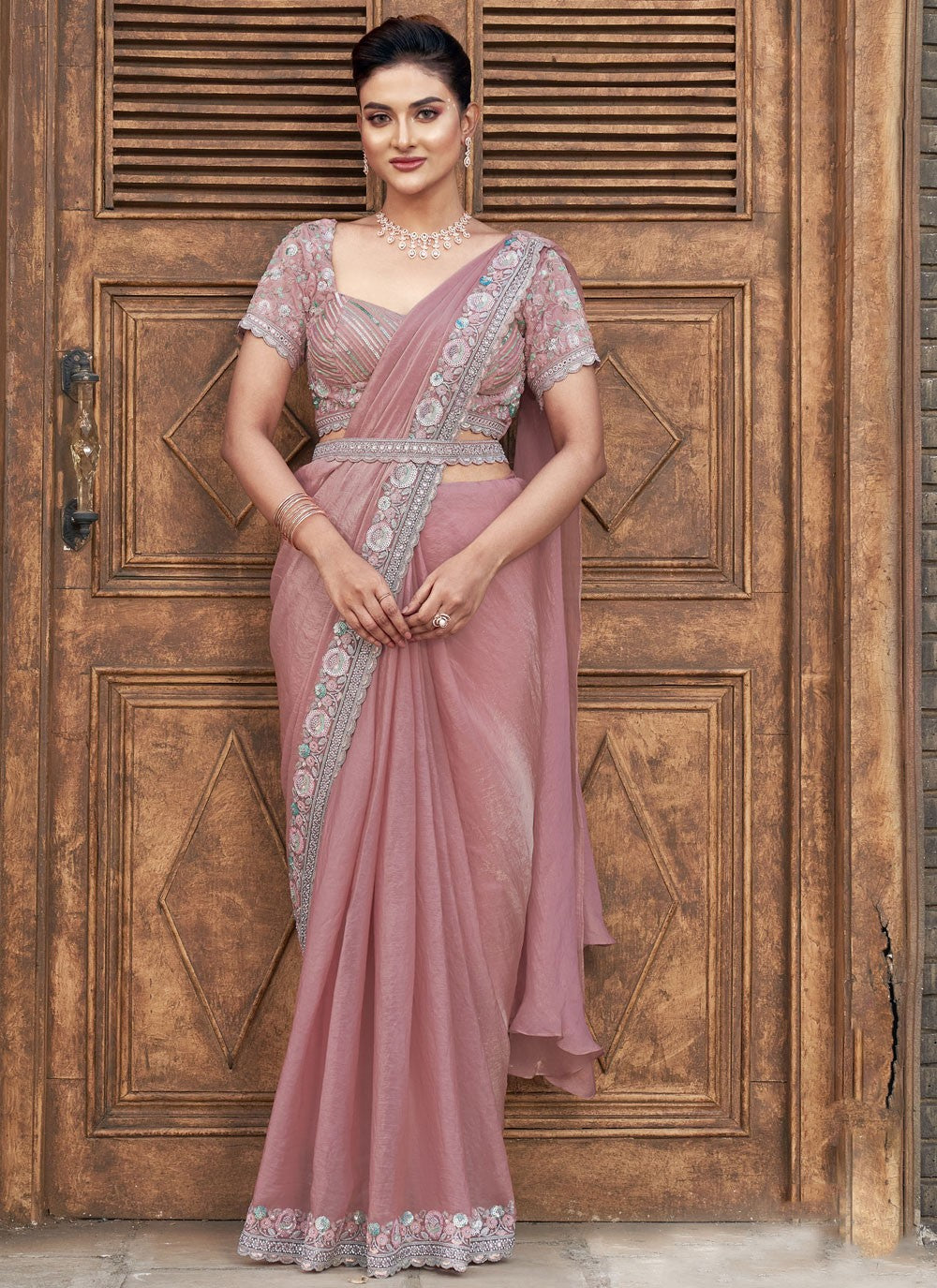 Embroidered Satin Silk Pink Saree S14527