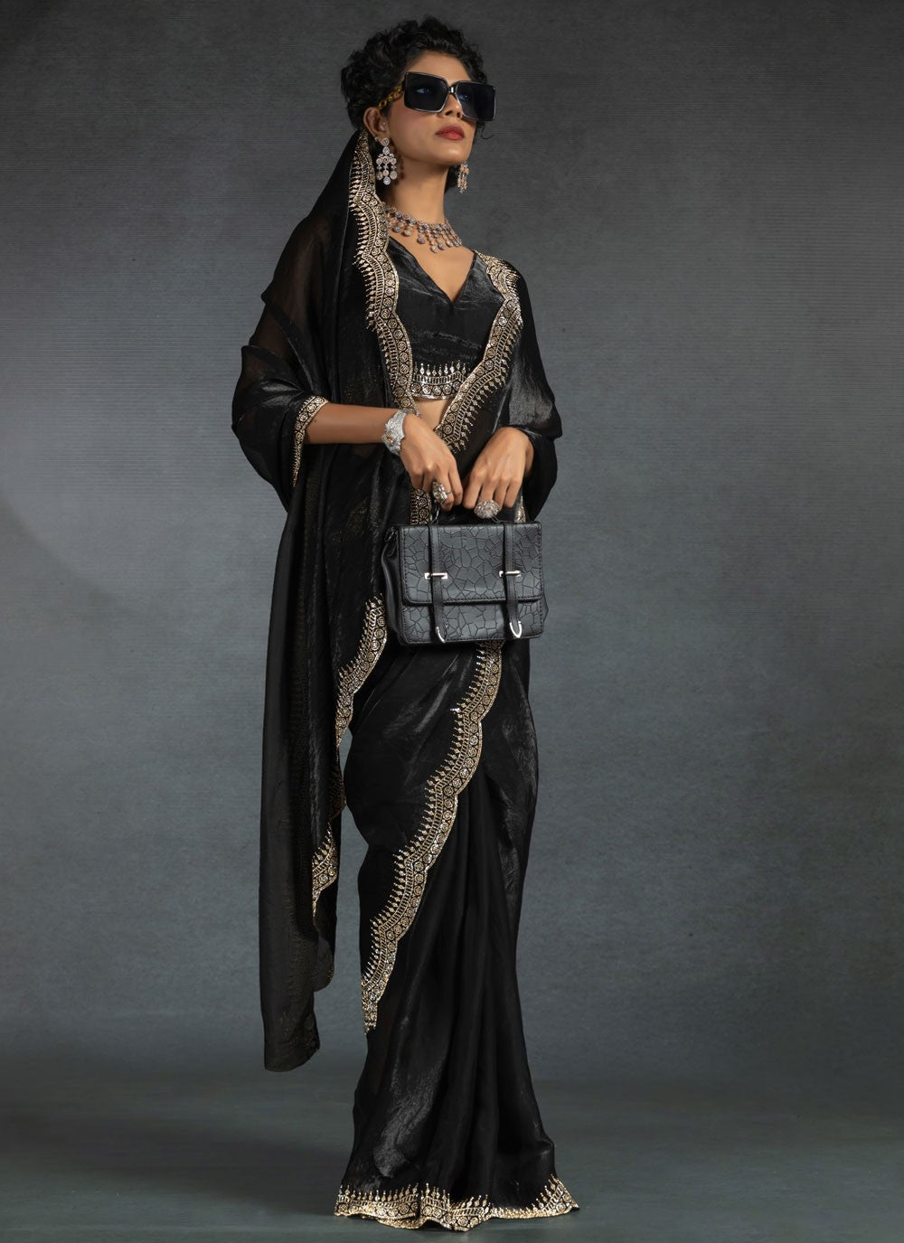 Border Work Satin Silk Black Traditional Saree S14977