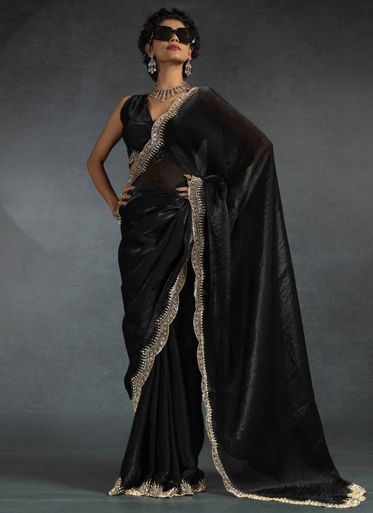 Border Work Satin Silk Black Traditional Saree S14977