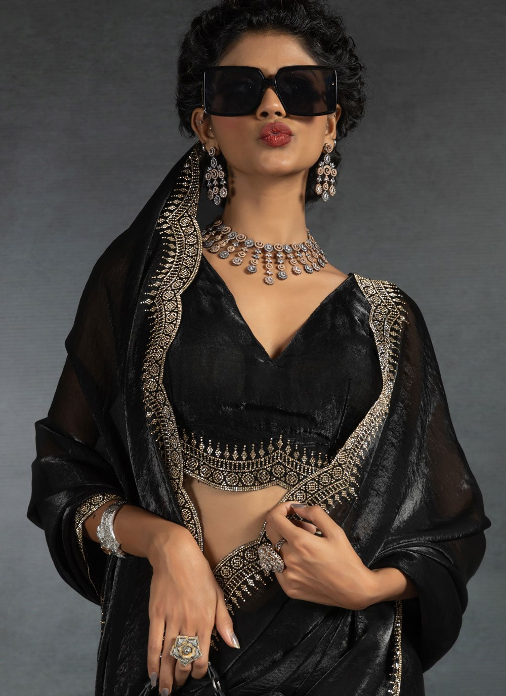 Border Work Satin Silk Black Traditional Saree S14977