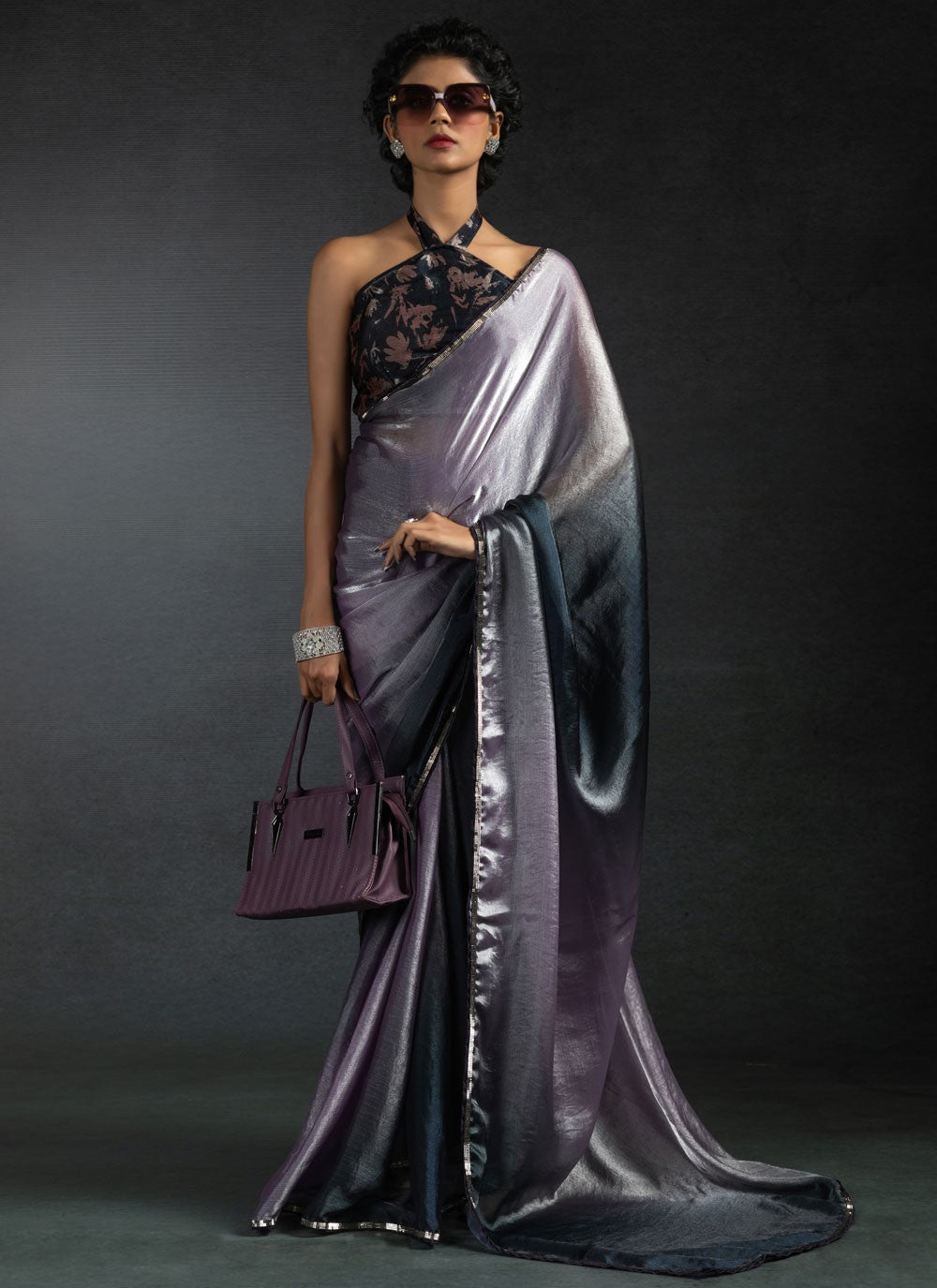 Border Work Satin Silk Lavender Traditional Saree S15415