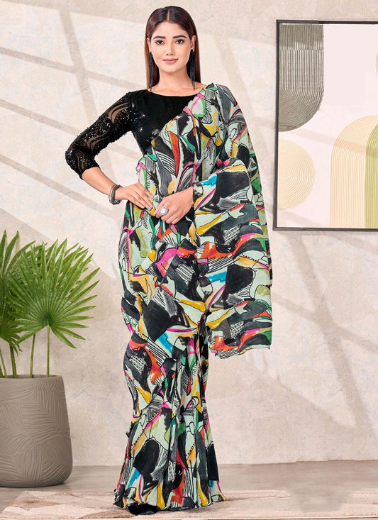 Black Satin Silk Traditional Saree Abstract Print S19176