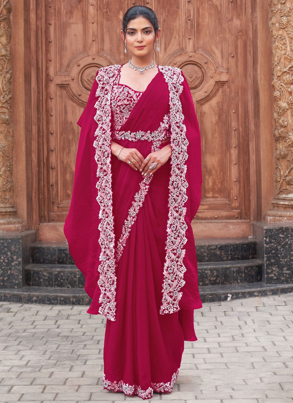 Moti Satin Silk Hot Pink Saree S14530