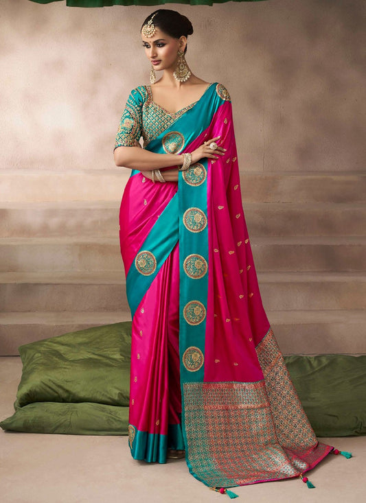 Hot Pink Satin Silk Trendy Saree Weaving Zari, Zari S19207