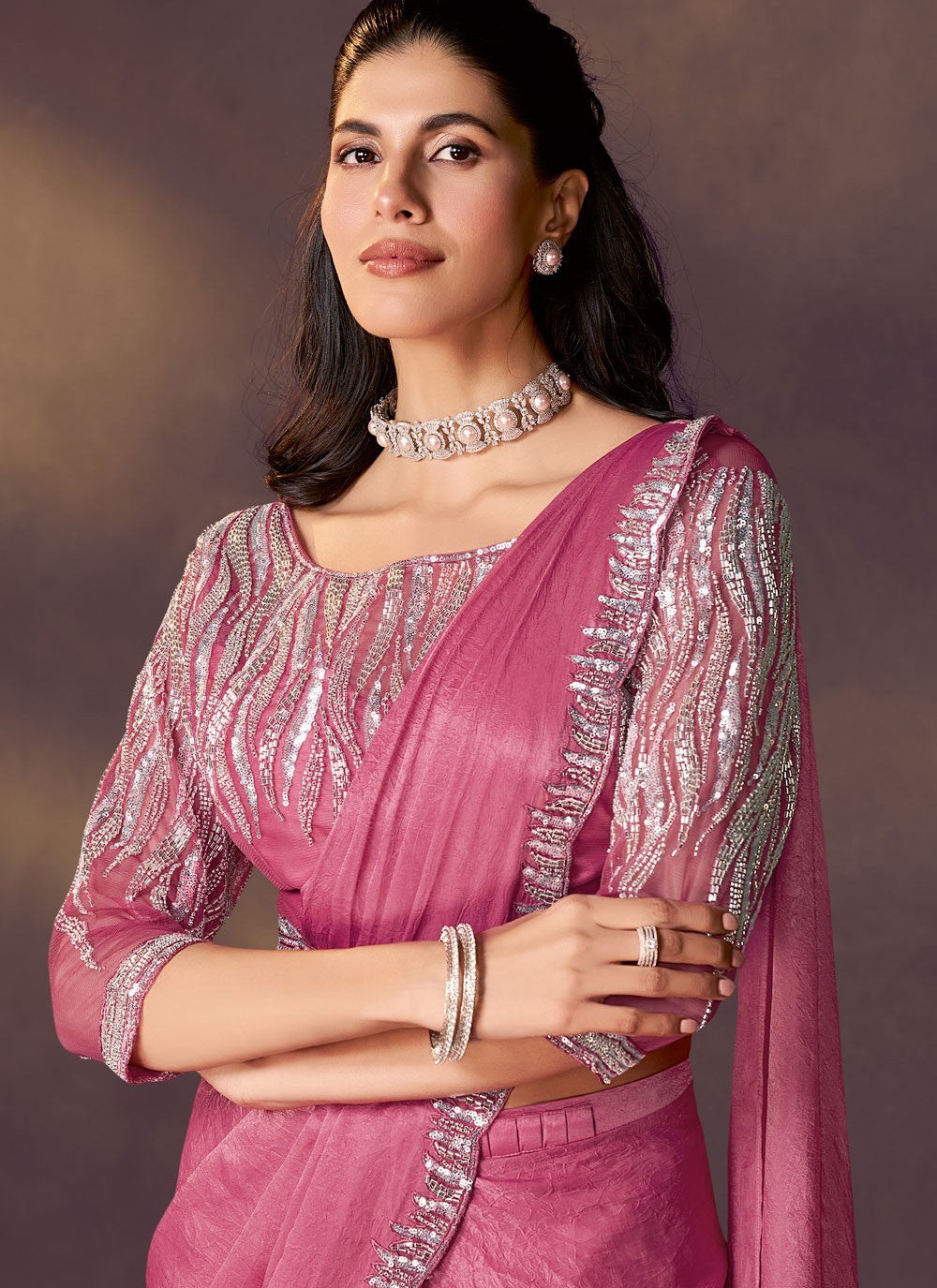 Pink Crush Trendy Saree Beads, Embroidered, Sequins S20484