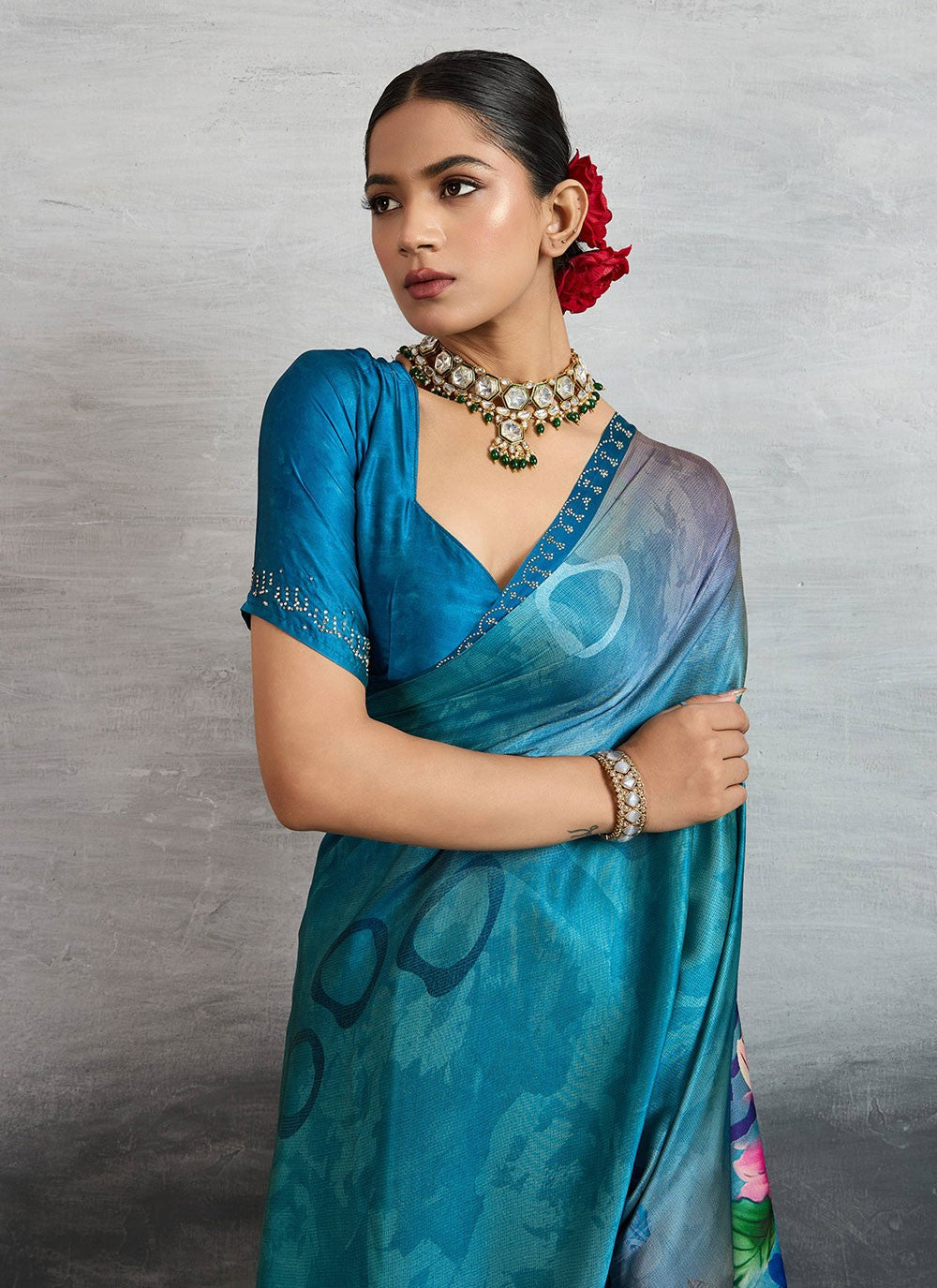 Blue Satin Silk Trendy Saree Digital Print S18240
