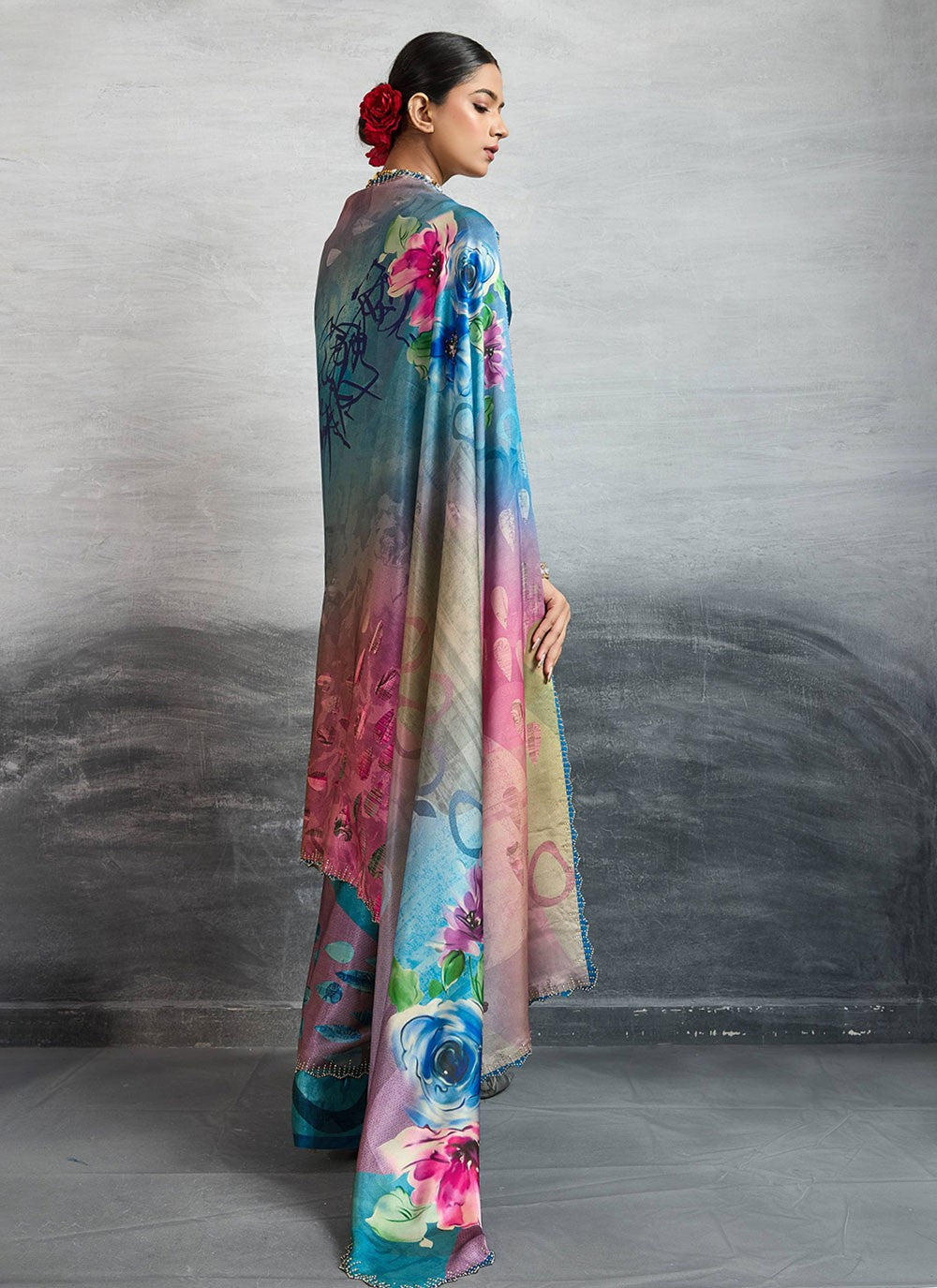Blue Satin Silk Trendy Saree Digital Print S18240