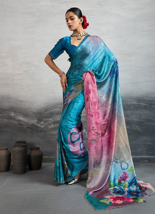 Blue Satin Silk Trendy Saree Digital Print S18240
