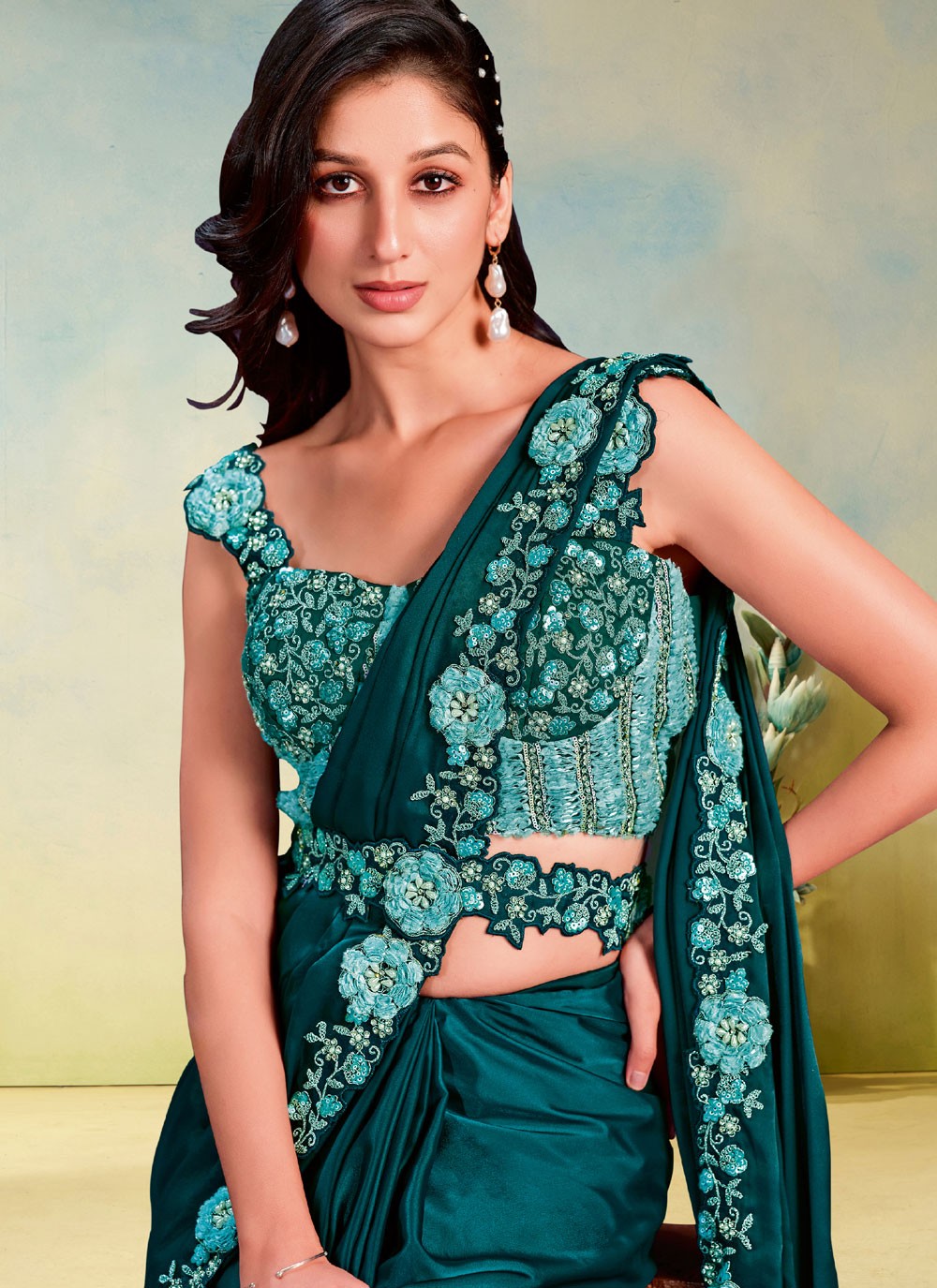 Sea Green Satin Silk Trendy Saree Cord, Embroidered, Sequins, Thread S19905