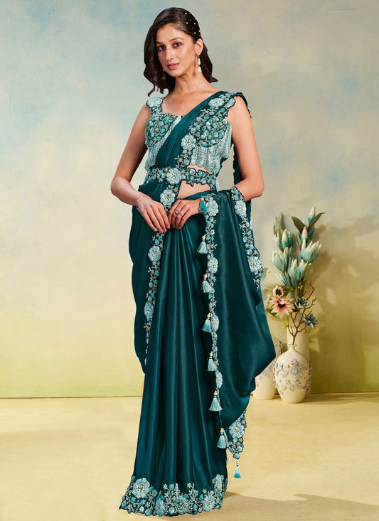Sea Green Satin Silk Trendy Saree Cord, Embroidered, Sequins, Thread S19905