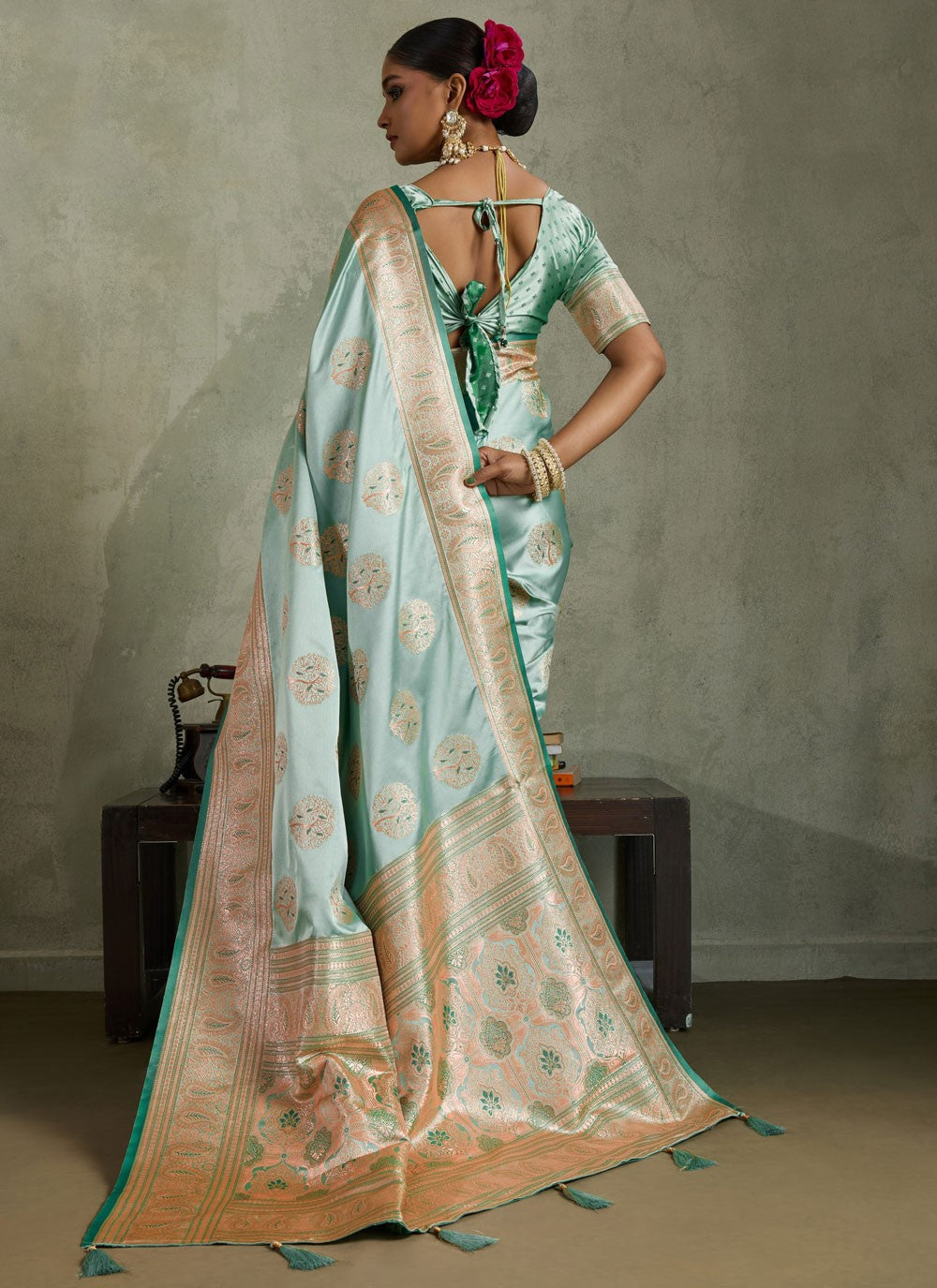 Turquoise Satin Silk Classic Saree Banarasi Jari, Border Work, Meenakari, Woven S19054