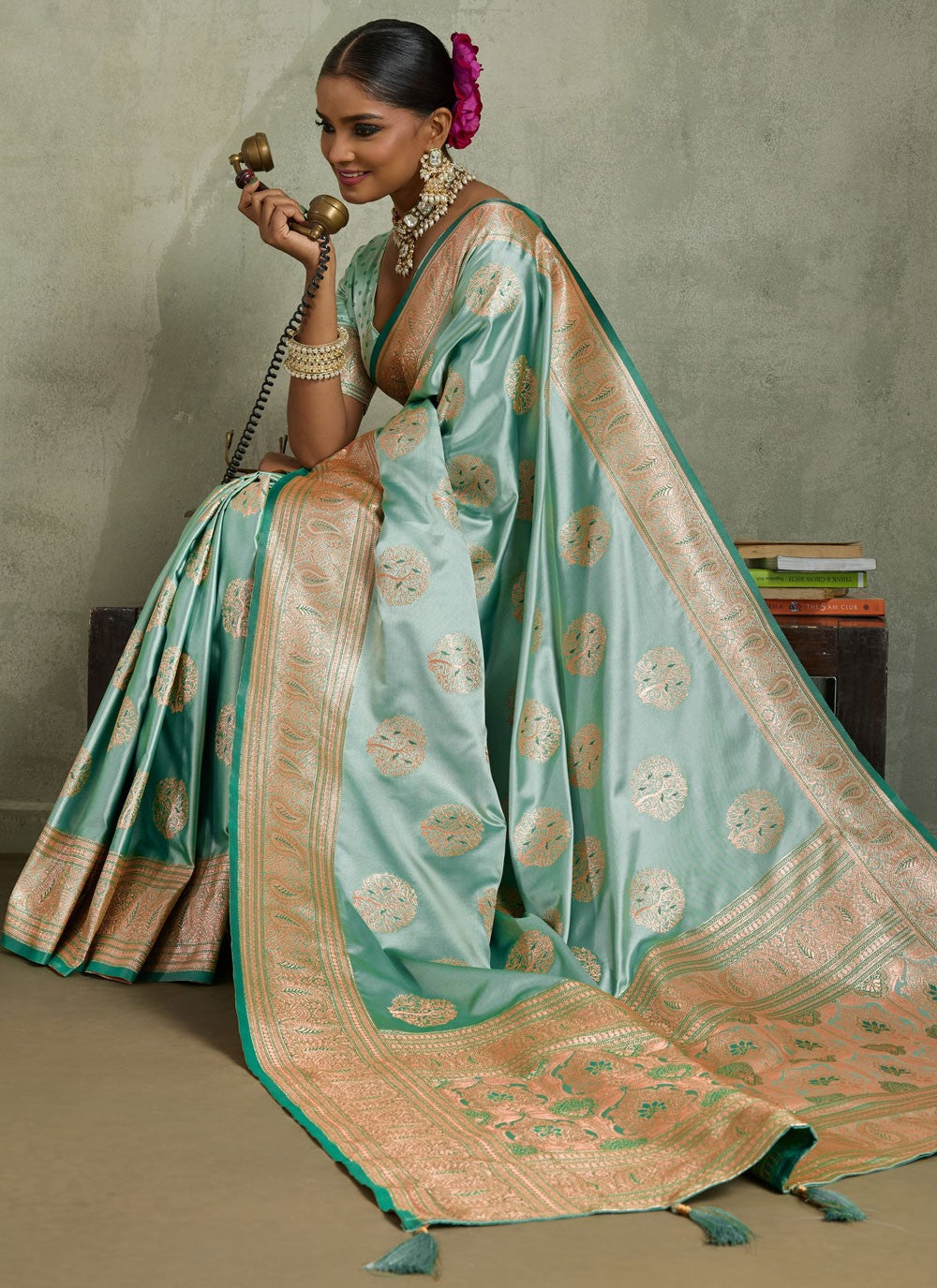 Turquoise Satin Silk Classic Saree Banarasi Jari, Border Work, Meenakari, Woven S19054