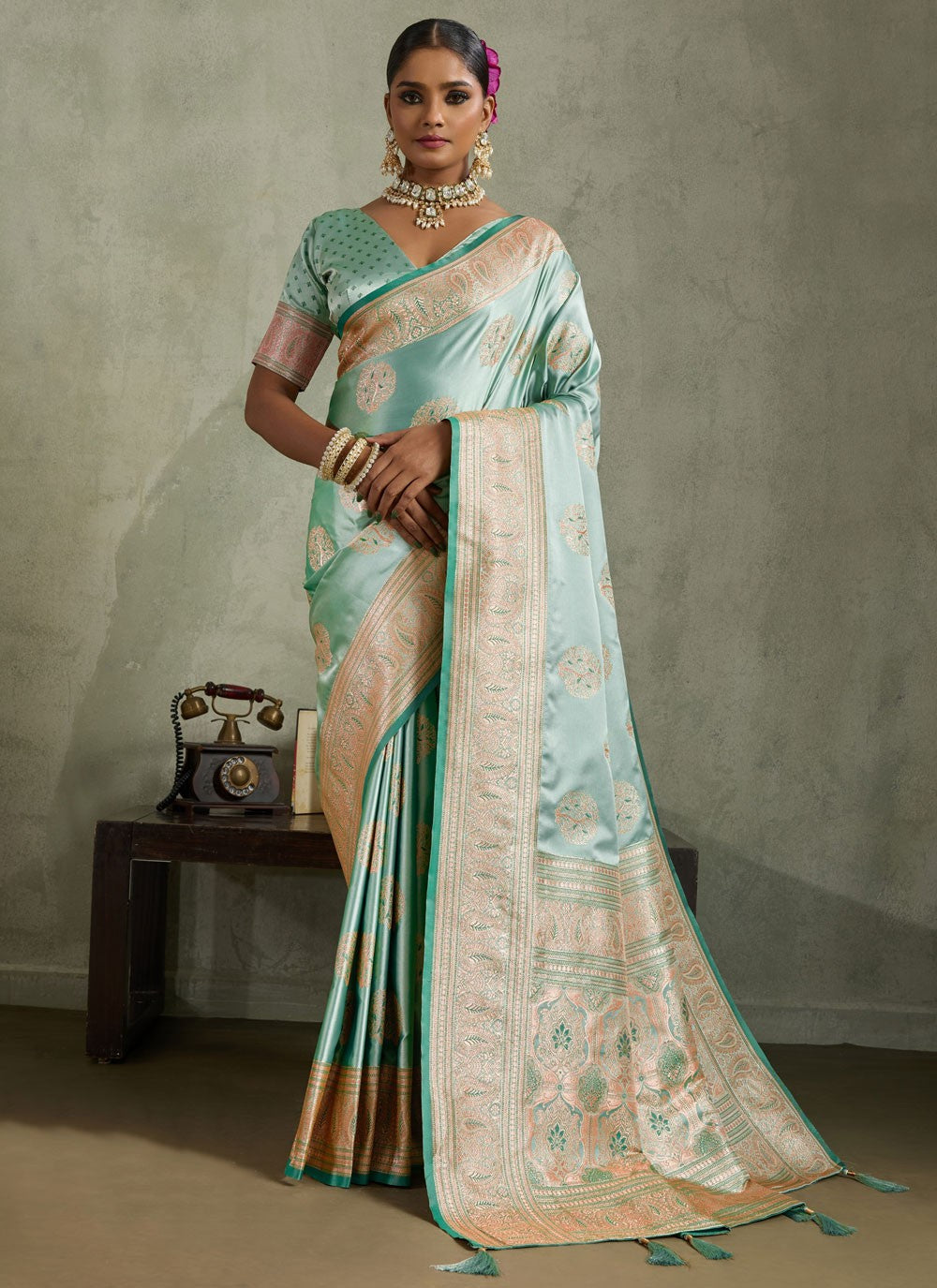 Turquoise Satin Silk Classic Saree Banarasi Jari, Border Work, Meenakari, Woven S19054