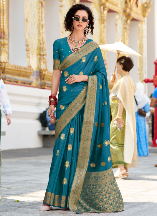 Weaving Zari Satin Silk Green Saree S14433