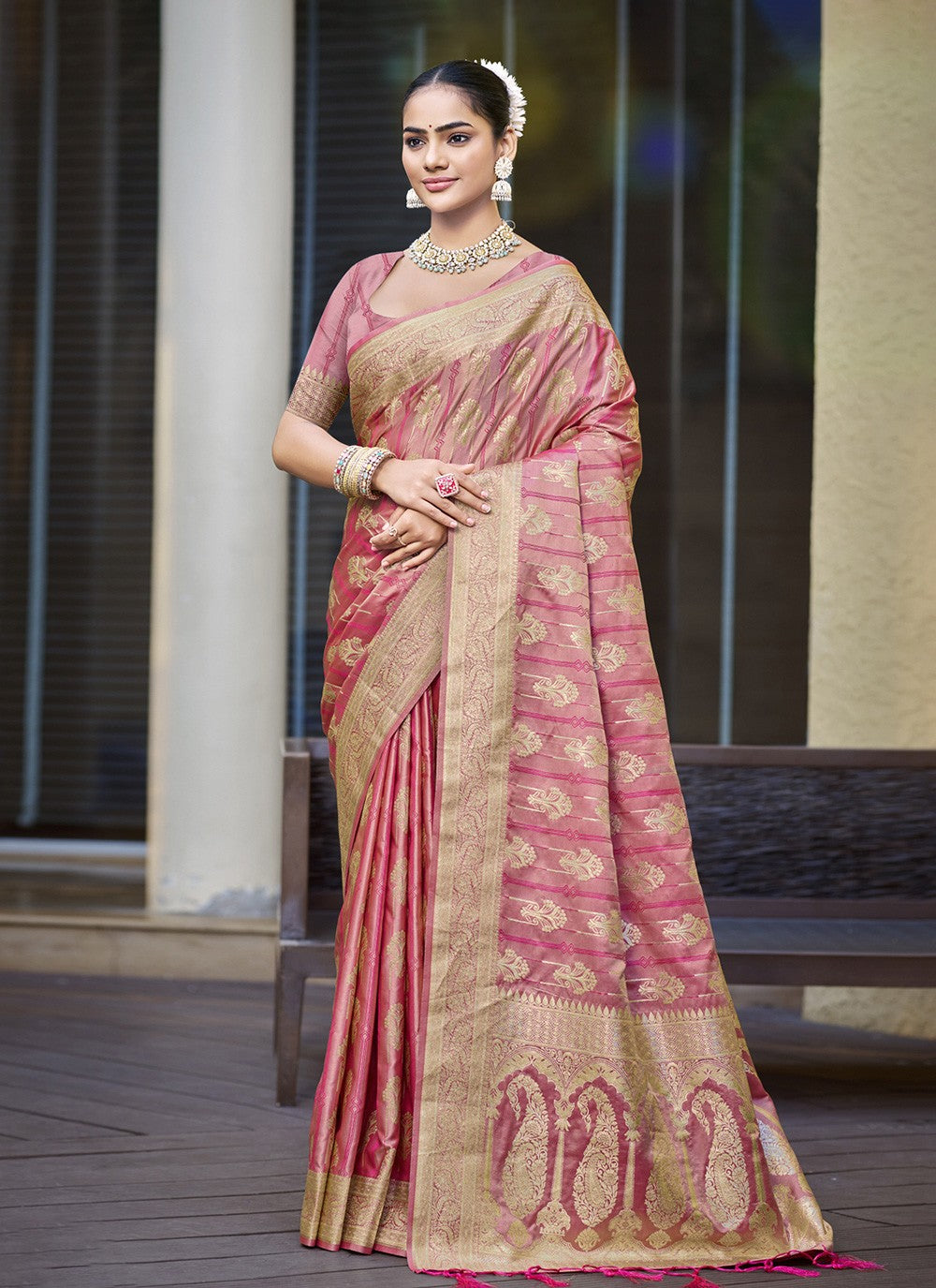 Trendy Saree Weaving Zari Pink Satin Silk S12715