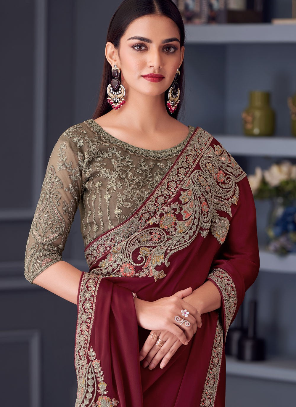 Embroidered Satin Silk Wine Saree S14586