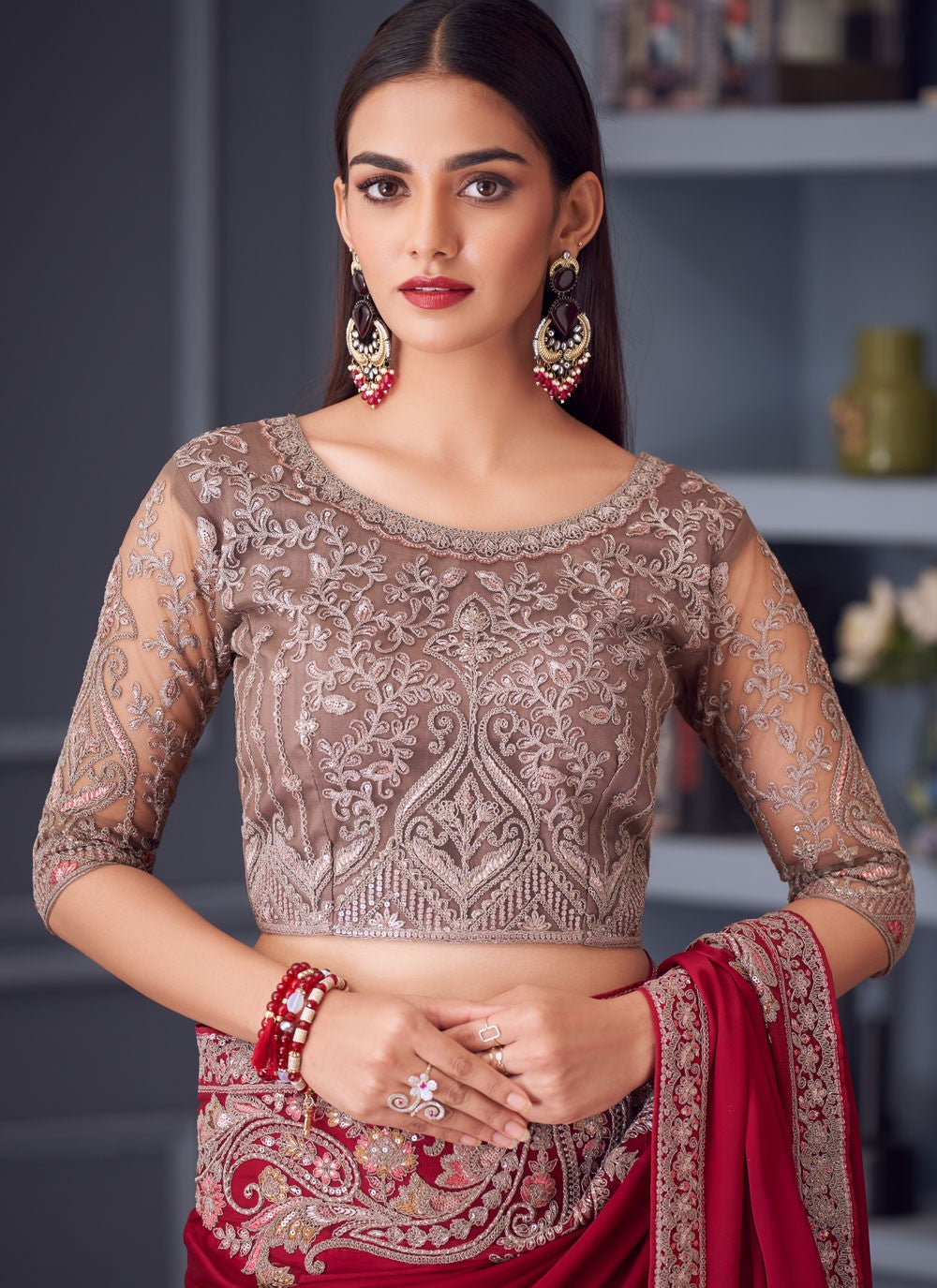 Embroidered Satin Silk Wine Saree S14586