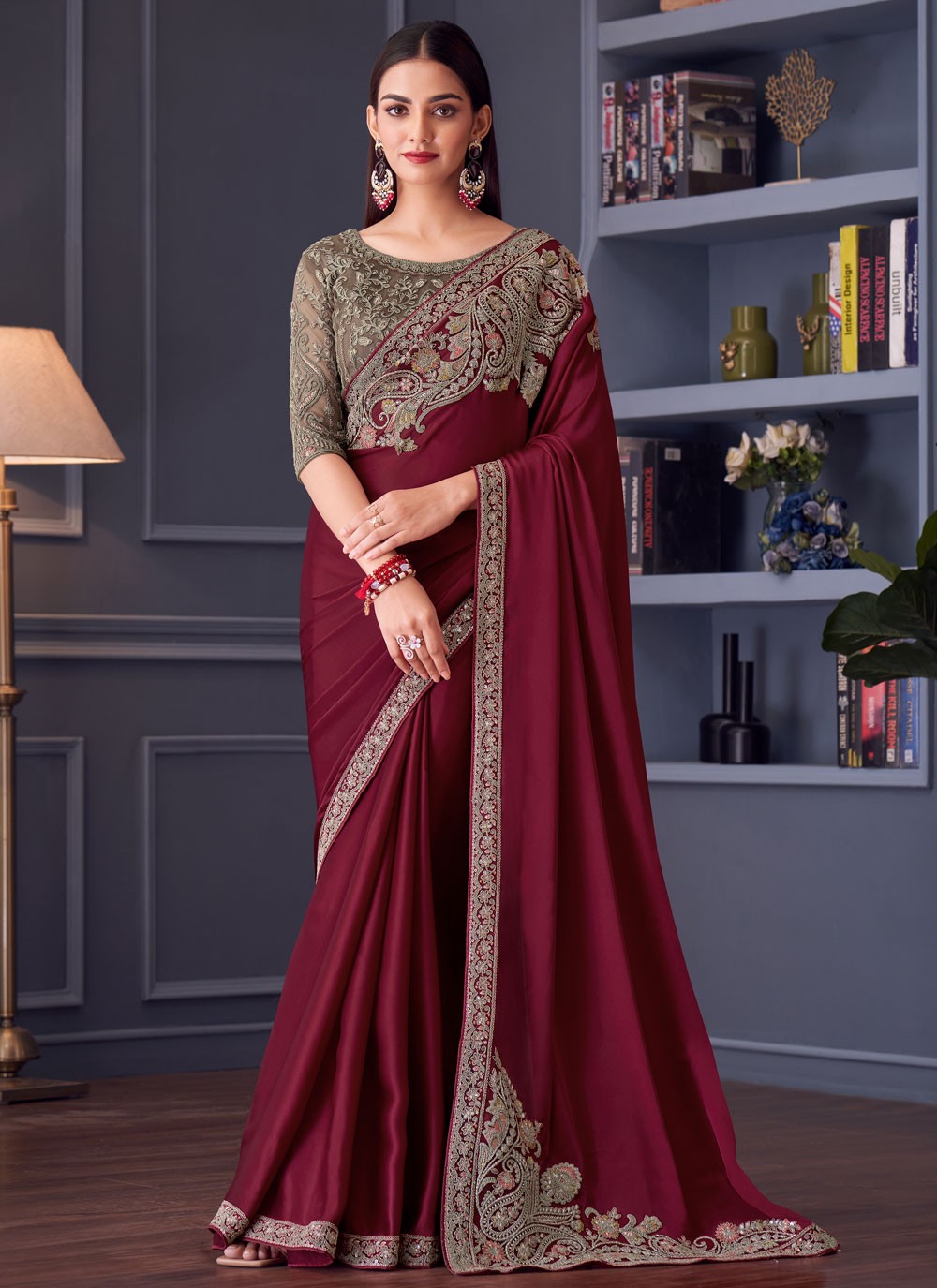 Embroidered Satin Silk Wine Saree S14586