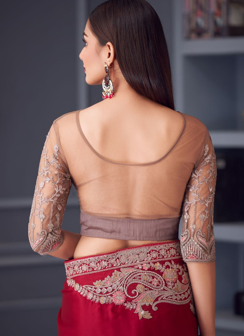Embroidered Satin Silk Wine Saree S14586