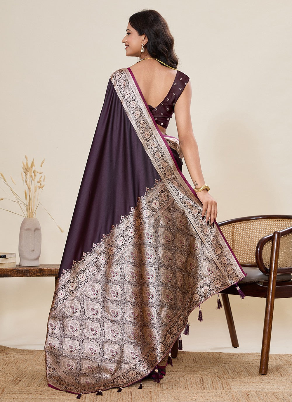 Wine Satin Silk Classic Saree Woven, Zari S19511