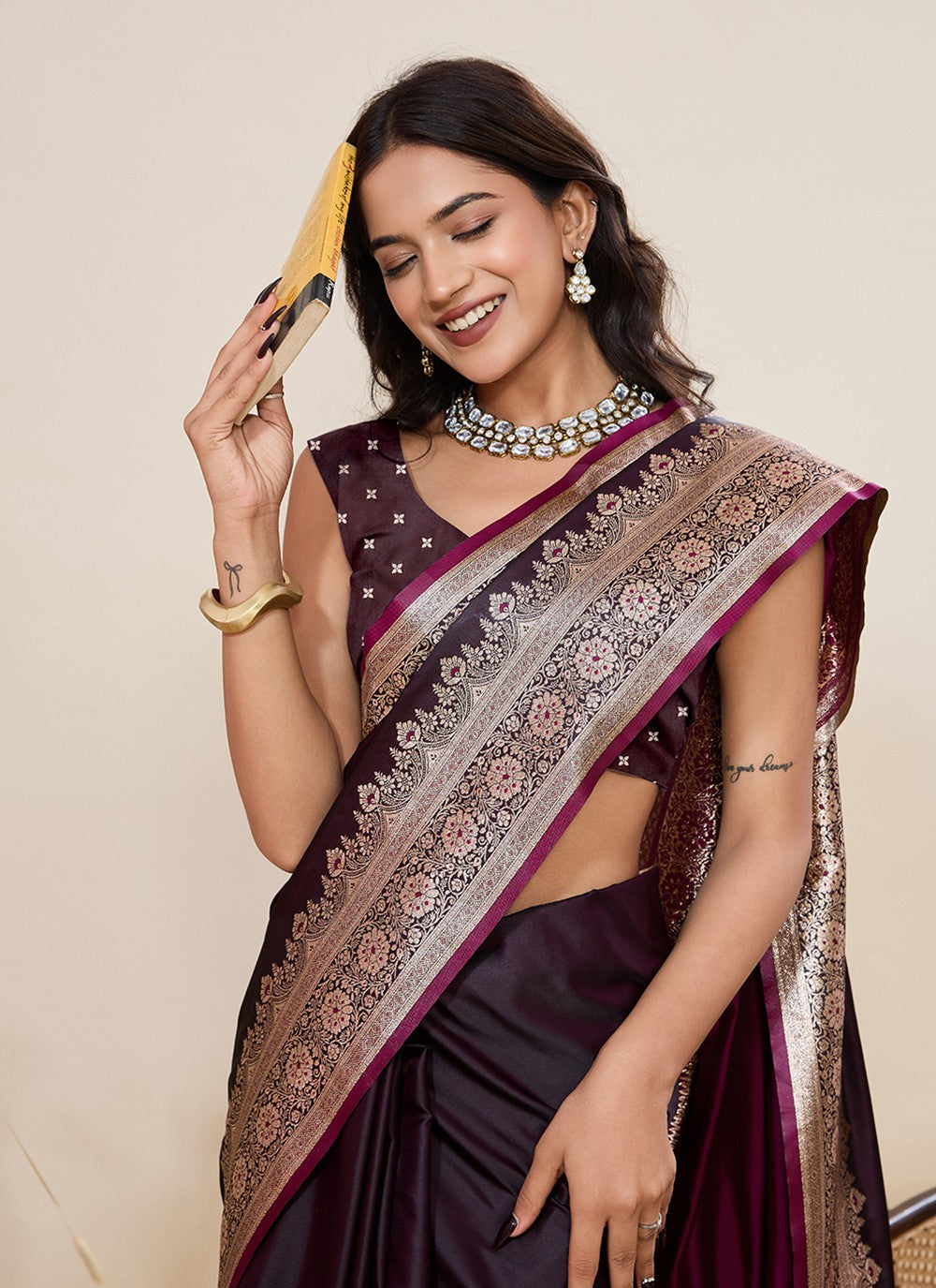 Wine Satin Silk Classic Saree Woven, Zari S19511