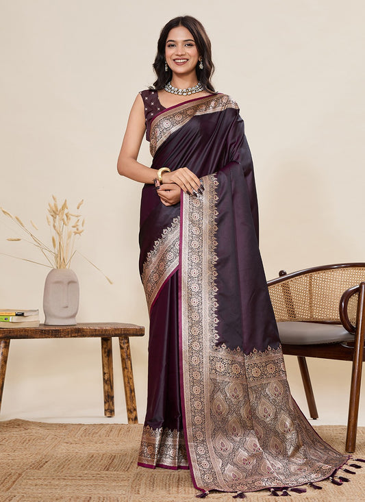 Wine Satin Silk Classic Saree Woven, Zari S19511